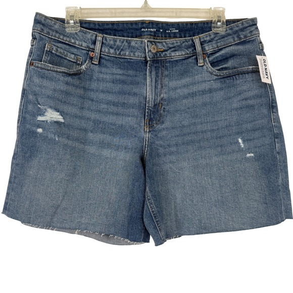 Old Navy Pants - Old Navy OG Loose Denim Shorts Womens 18 Blue Mid Rise Distressed Raw Hem NEW
